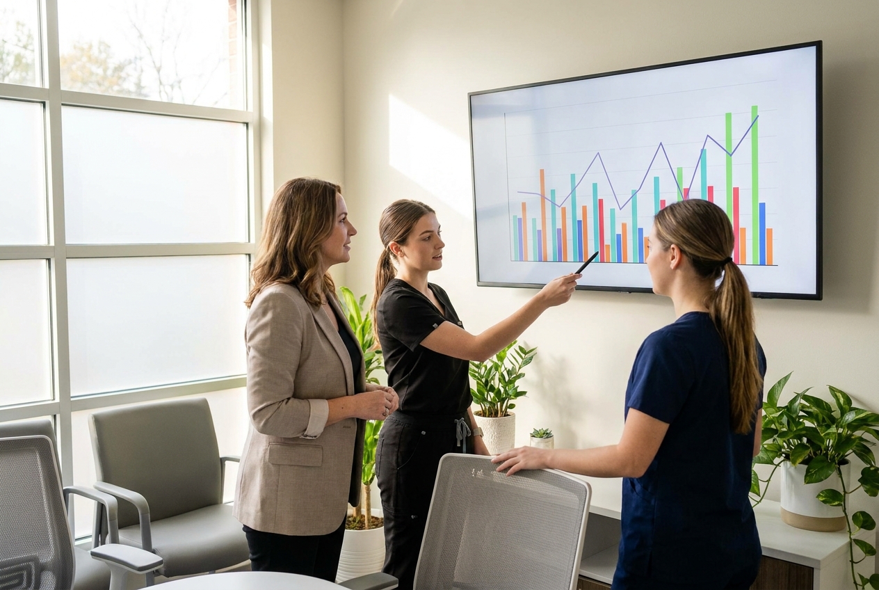 Med spa owner and two staff members reviewing a wall-mounted screen with booking analytics during a morning huddle