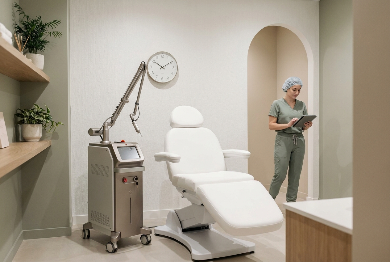 Empty modern med spa treatment room with a white treatment chair and laser device while a nurse injector checks a tablet in the doorway